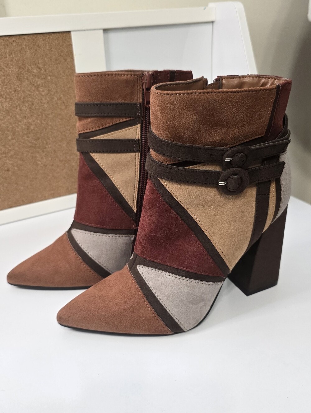 JustFab Colorblock Suede Ankle Boots in Brown Multi